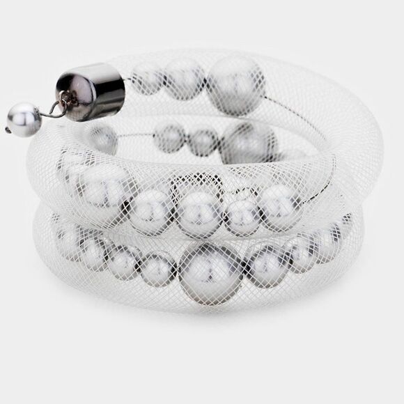 Mesh Tube Gray Pearl Adjustable Bracelet - Picture 4 of 6